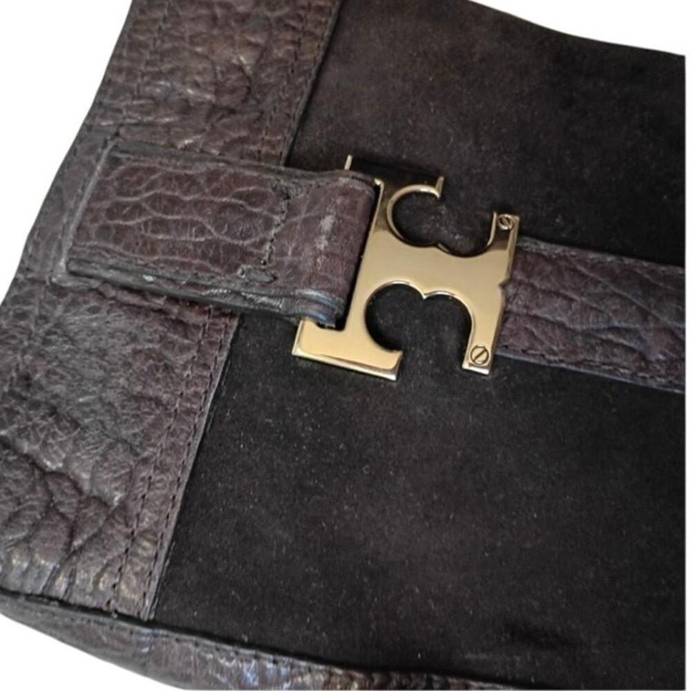 Tory Burch "Corey" mid-calf boots brown suede and croc-embossed textured leather - Picture 4 of 7